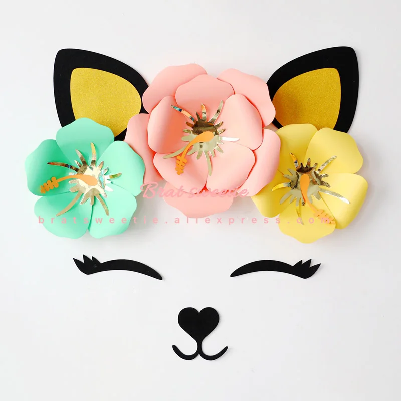 green kitty set Вечерние бумажные цветы для настенного декора с изображением единорога, рога, ресниц, украшения для дня рождения и вечеринки, детский фон для фотосъемки своими руками - Цвет: green kitty set