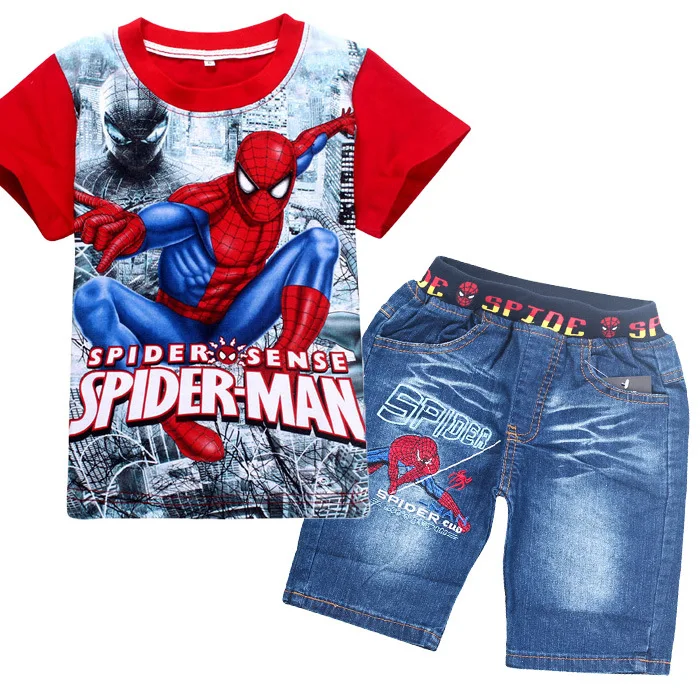 Children T-Shirt Spider-Man Cartoon suit with superman pattern Kids Shorts Tops Tees Summer Teenager Boys Batman cloth | Детская одежда
