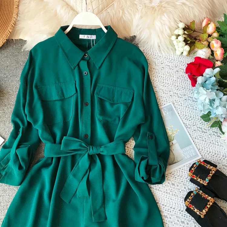 ALPHALMODA, Осенний женский однобортный комбинезон с длинными рукавами, откидной карман, высокая талия, пояс, Женский Повседневный однотонный комбинезон