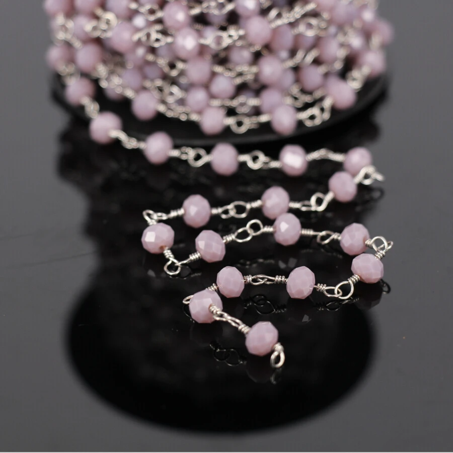 

5Meter,Glass Faceted Rondelle Wire Wrapped Beaded Silver Chain,Light purple Glass Beads Rosary Chain Necklace Jewelry Findings