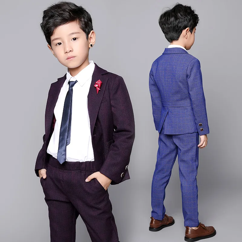 Fashion Boys Formal Plaid Wedding Suit New Kids England Style Blazer Pants 2pcs Set Children Birthday Performance Costume |