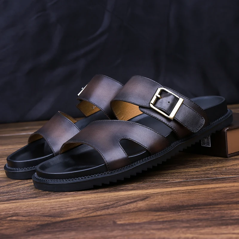 Мужские слиперы летние шлепанцы из натуральной кожи пляжная обувь босоножки