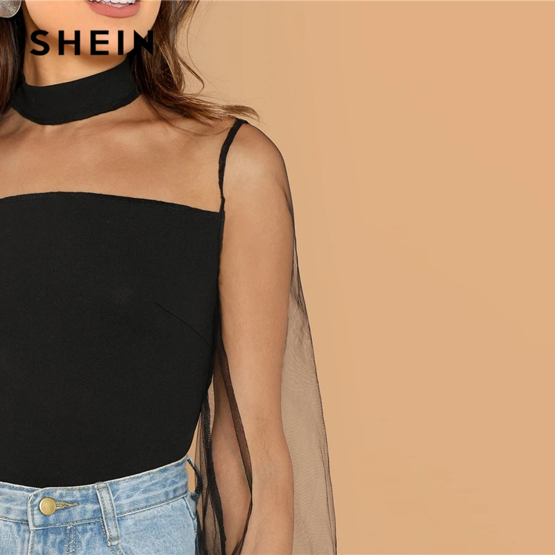 SHEIN Прозрачная Сетчатая Блуза С Высоким Вырезом Контрастная Сетчатая Облегающая Блуза С Оригинальным Рукавом