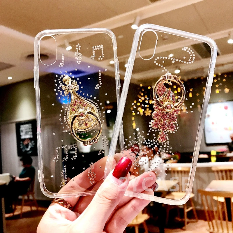SYCASE Fashion Women Clear Cover For iPhone 6 6S 7 8 Plus X XR Xs Max case Diamond Finger Ring Stand Hold Cute Girl phone |