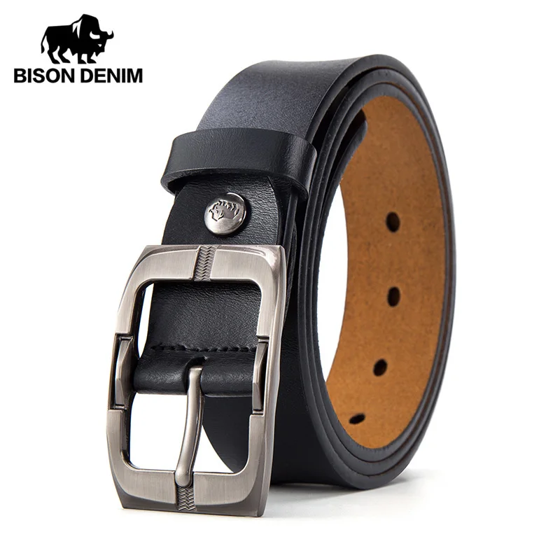 Черный Мужской ремень BISON DENIM с пряжкой, ремень из натуральной коровьей кожи, роскошный ремень, мужские ремни, классический винтажный высококачественный мужской ремень W71486 - Цвет: Черный