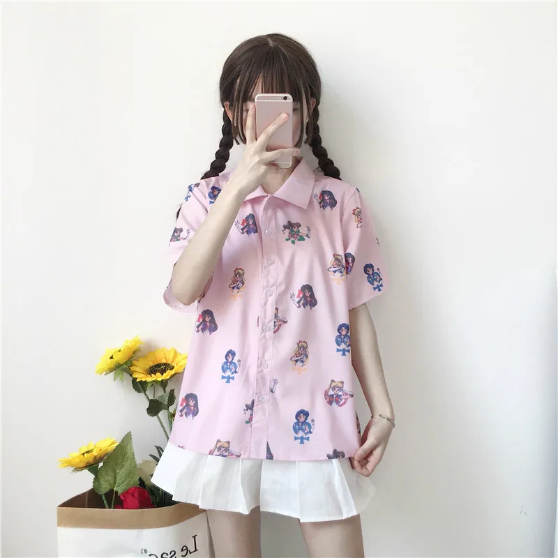 Neploe Сейлор Мун розовые рубашки с коротким рукавом Harajuku Ulzzang Tumblr женская летняя блузка повседневная косплей милый забавный японский Топ