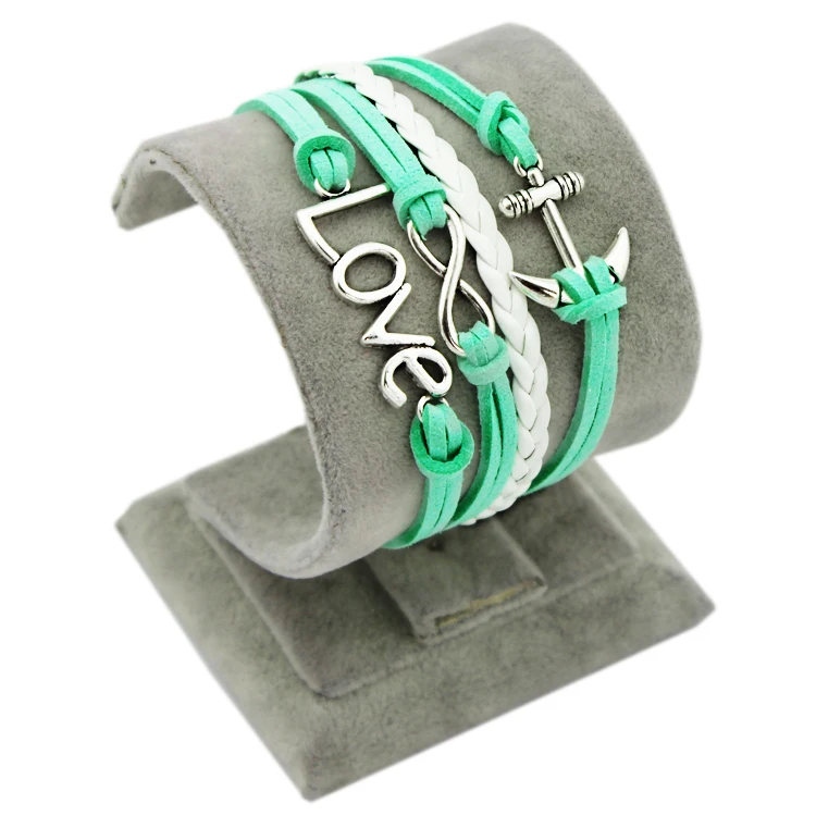 Handmade Braided PU Multilayer Sky Blue Leather Rope LOVE Anchor Infinity Fashion Women Dress Jewelry Vintage Alloy Bracelet | Украшения и