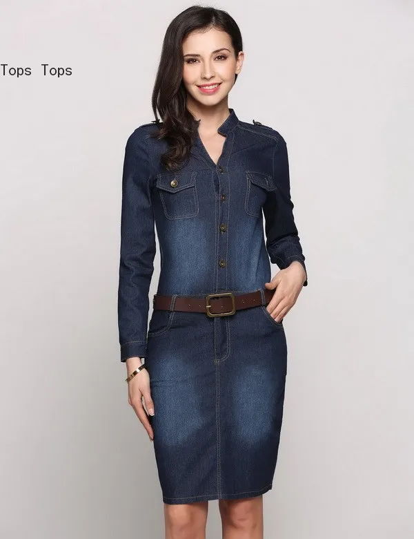 FANALA Women Summer Dress 2017 Fashion Bodycon Denim Dresses Long Sleeve V Neck Front Button Belted Office Pencil Vestidos |