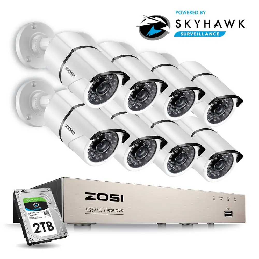 ZOSI 1080P 8CH TVI DVR с 8X1080 P HD наружная домашняя система видеонаблюдения 2 ТБ жесткий диск Белый