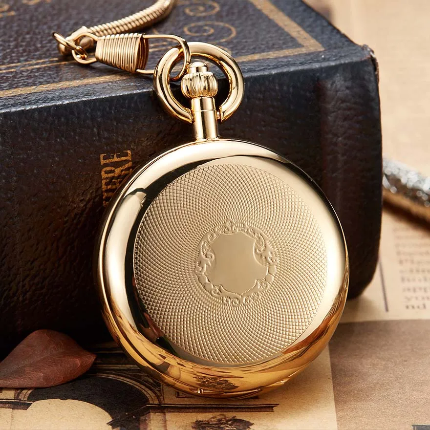 Luxury Sliver Mechanical Pocket Watch Men Women Clock Skeleton Dial Flip Golden Color Double Dual Case Copper FOB Chain Watches
