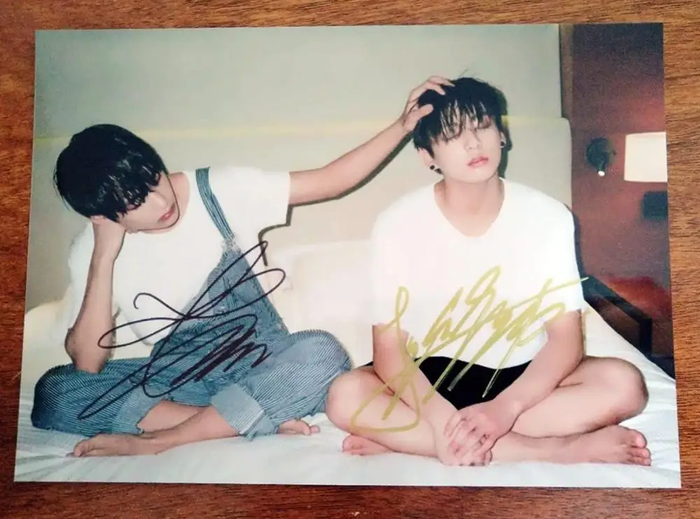 Подписанный Bangtan Boys Jung Kook V autographed group фото автограф чернил 5*7 k-pop 062019A