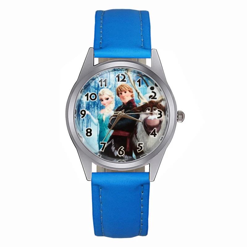 Sky Blue Детские часы с милым рисунком принцессы Анны и Эльзы, Женские кварцевые наручные часы с кожаным ремешком для мальчиков и девочек JC79 - Цвет: Sky Blue
