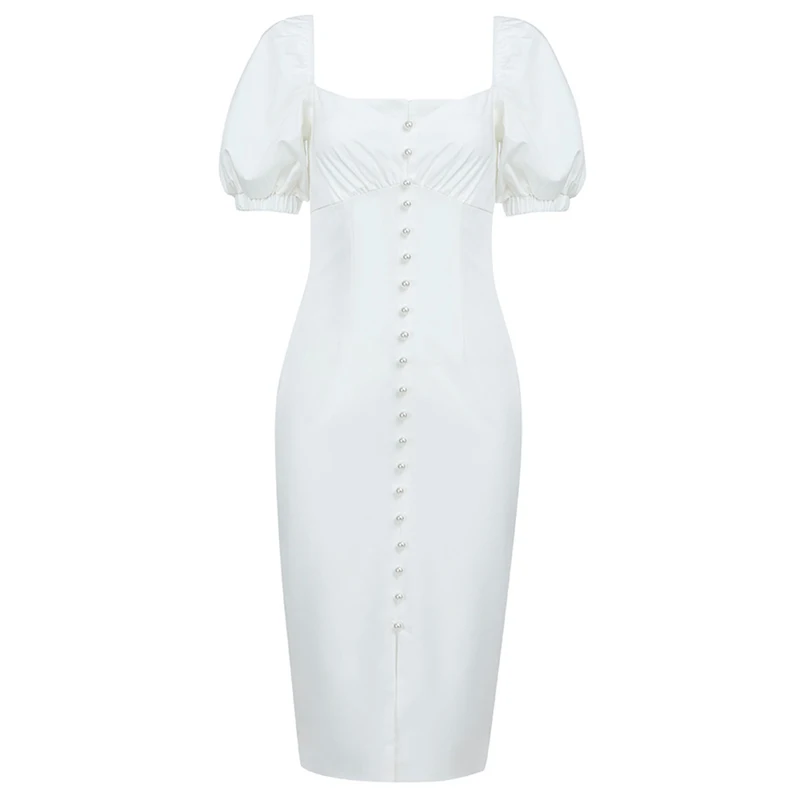 Max Spri Vestidos, новинка, женское сексуальное платье с v-образным вырезом, короткими рукавами-фонариками, с длинным рукавом, с жемчужными пуговицами, элегантное облегающее платье до колен, вечерние платья - Цвет: white dress