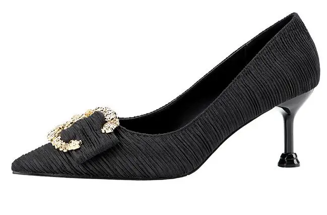 

2019 Sexy Pinstripe Water Drill Shoes Woman Temperament Ruffle Women's Shoes Professional OL Women High Heel Wedding Shoes