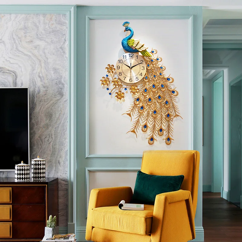 Luxury Big Peacock Wall Clock Home Decor Watch Living Room Modern Design Entrance Metal Silent Digital Clocks | Дом и сад