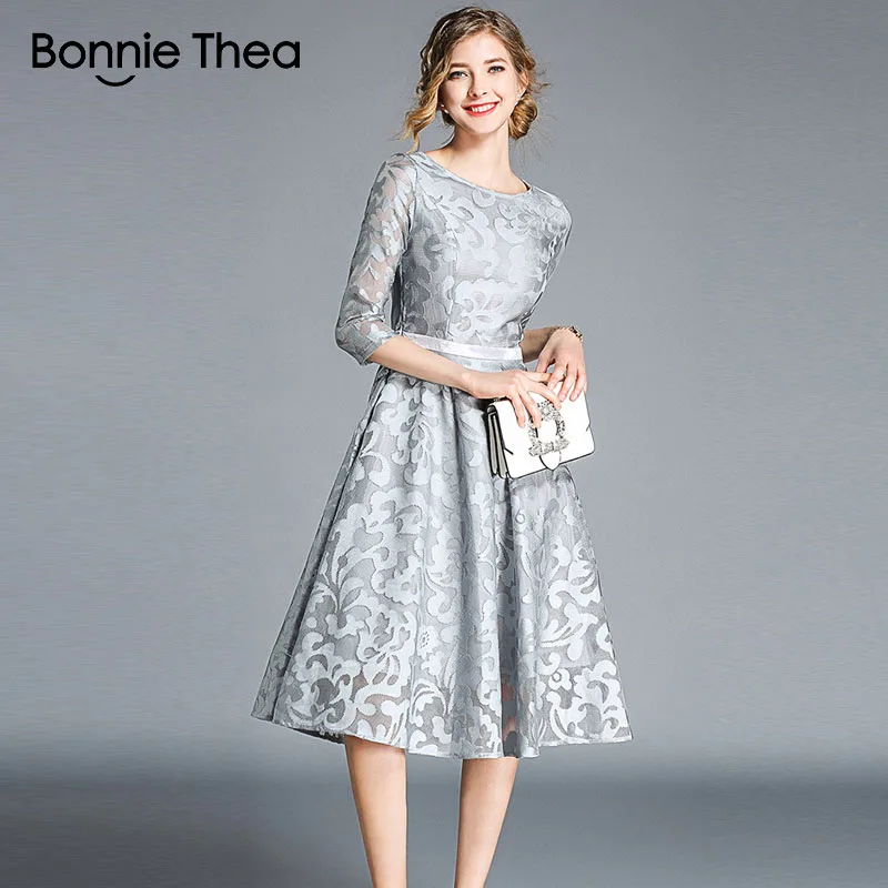 Женское длинное платье Bonnie Thea синее кружевное с вышивкой весна 2019|Женские платья|