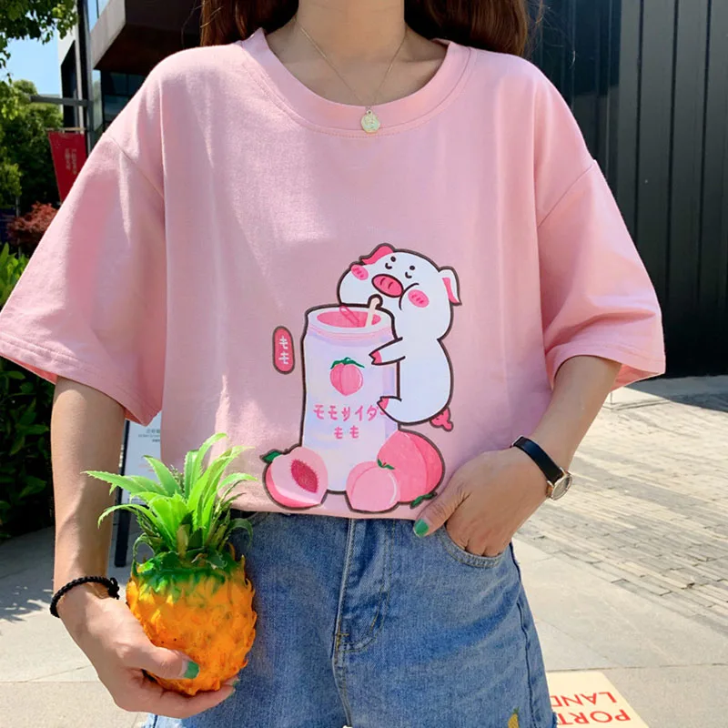 

2019 Summer New Harajuku sweet oversized women tee-shirt peach cartoon print preppy style cotton short-sleeved T-shirt female