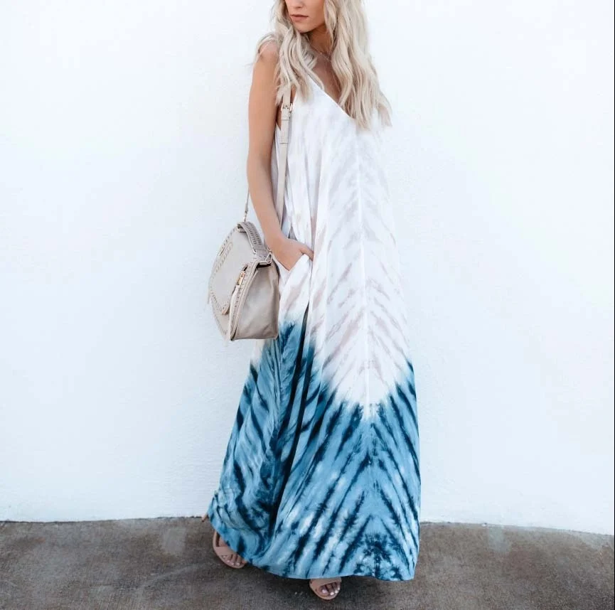Для женщин модные пикантные Спагетти ремень Tye Dye хиппи шик длинное платье миди