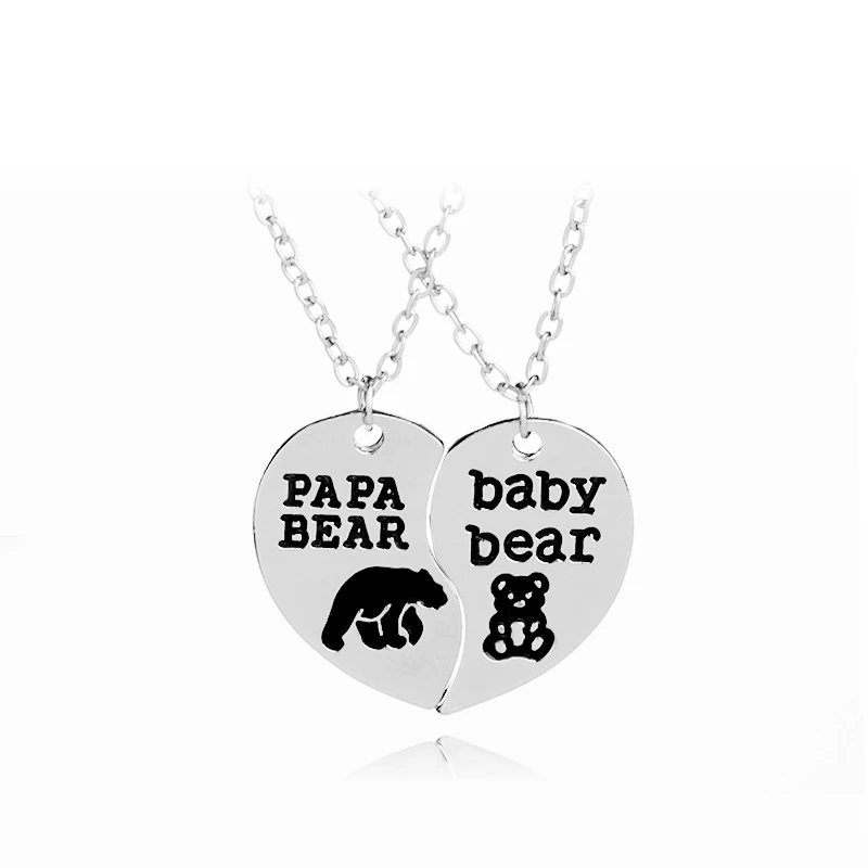 

Silver Papa Baby Bear Engraved Letter Heart Puzzle Pendant Family Love Necklace Jewelry Gifts For Father 10 set