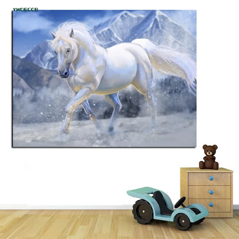 YWDECOR HD печать белая бегущая лошадь картина маслом на холсте животные минимализм