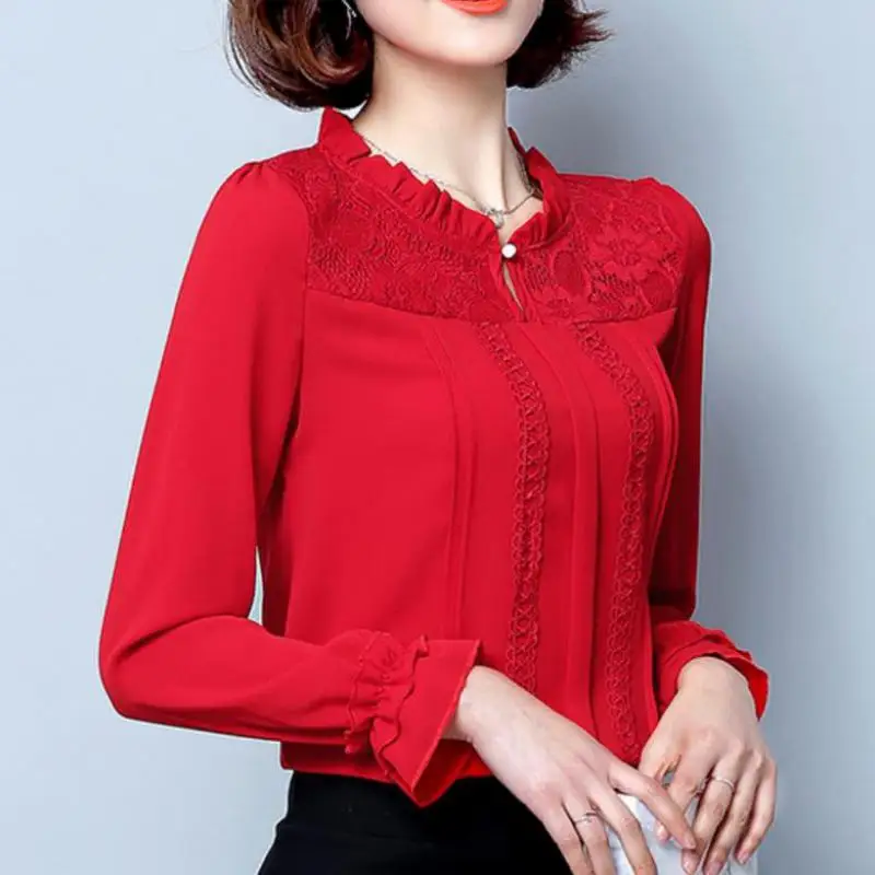 

Блузка женская шифоновая, красно-белая, с оборками, на осень/весну, 3xl