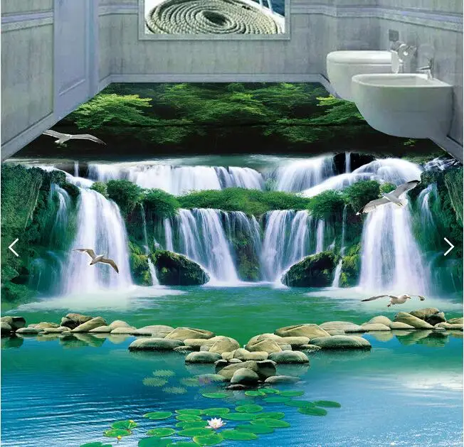 

3d pvc flooring custom photo self-adhesion waterproof floor waterfall green forest painting picture room wallpaper for walls 3d