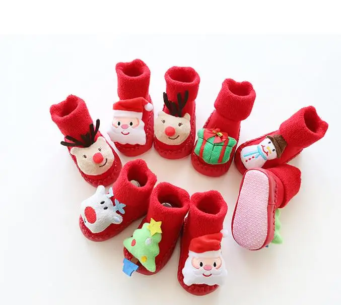 

Newborn Infant Baby Christmas Stocking Terry Floor Socks Anti-Slip Baby Toddler 3D Cartoon Soft Cotton Sock Thicken red