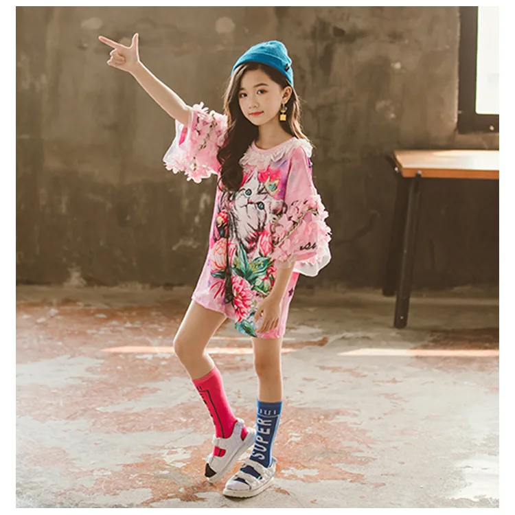 Cute Long T shirts Petals Collar Lace Sleeve Flower Print Cartoon Cat Summer Girls Clothing Dress 4 to 15 years | Детская одежда и