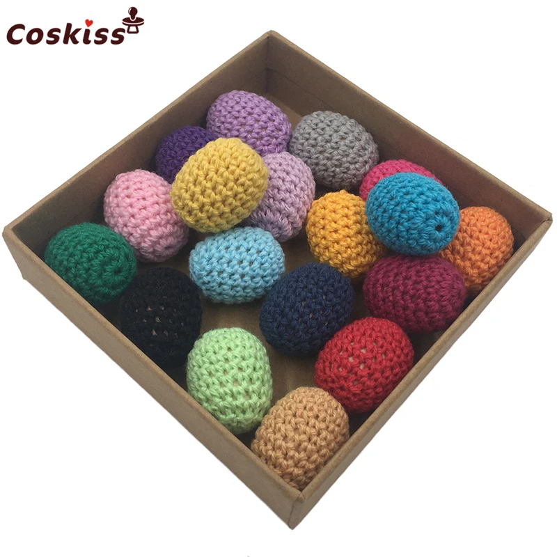 Cuentas de madera para dentici&oacute;n de beb&eacute;, mordedor artesanal de color arco&iacute;ris de ganchillo, Bola de punto de 25x20mm (0,98X0, 79 pulgadas) para collar de dentici&oacute;n de beb&eacute;, decoraci&oacute;n-3