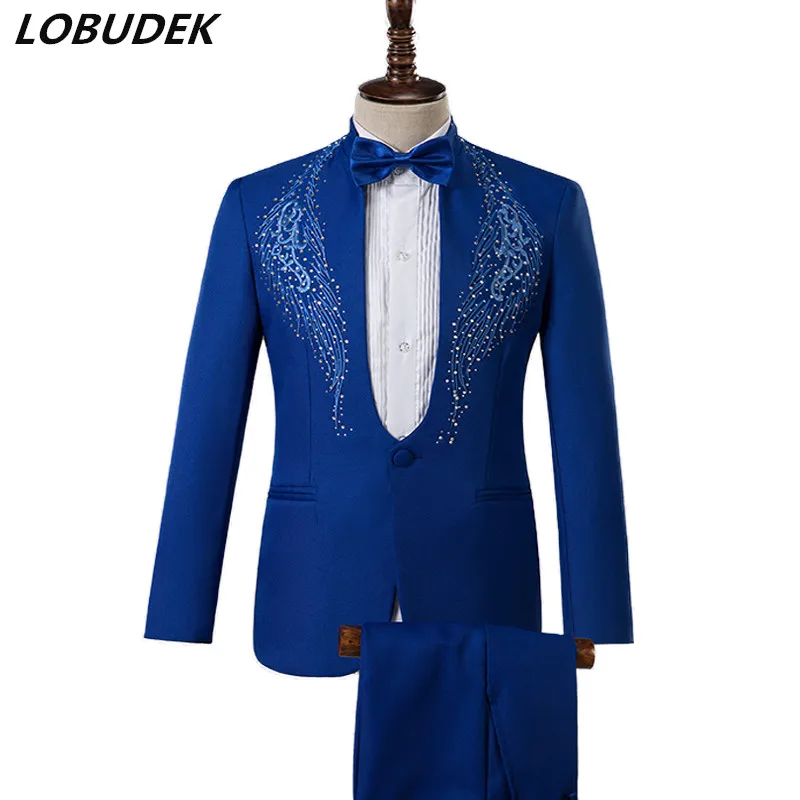 2019 Autumn Rhinestones Men's Suits Stage Wear Fashion Crystals Embroidery Blazer Singer Host Costume Nightclub Wedding Blue Set