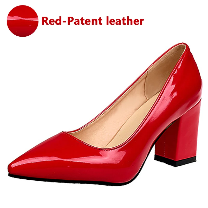 Red-Patent leather Сапоги aphixta, женские туфли-лодочки на высоком квадратном каблуке, острый носок, свадебная обувь, лакированная кожа, замша, классические туфли-лодочки, размер 44 - Цвет: Red-Patent leather