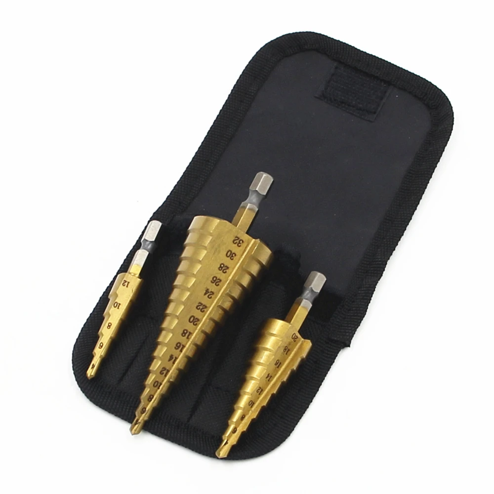 Набор ступенчатых сверл HSS4241, быстрорежущая сталь 3 шт., насадки 1/4 с шестигранным хвостовиком 4 мм до 12 мм 20 мм 32 мм, для работ по дереву, Набор насадок для отверстий