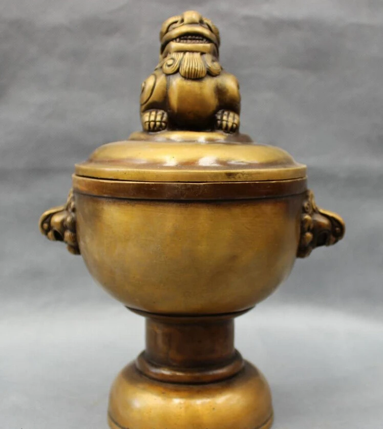 

song voge gem S2481 10" Chinese Bronze Buddhism Wealth PiXiu Lion Head Statue Incense Burner Censer