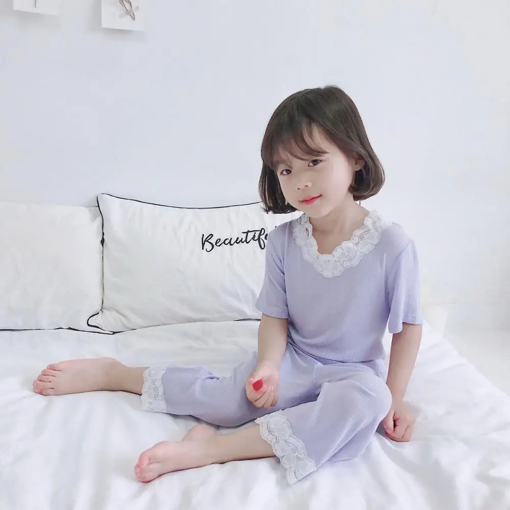 Light Purple Пижамы для девочек, летние пижамы в рубчик, детские пижамы для девочек, детская одежда для сна, одежда для сна для малышей, модальный топ+ штаны, от 18 месяцев до 11 лет - Цвет: Light Purple