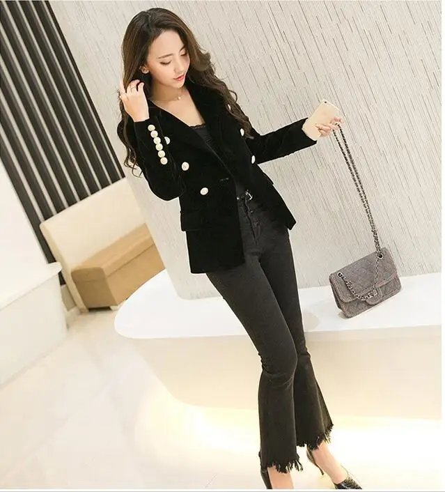 

Spring and autumn gold velvet women high - end Europe and the United States Slim velvet women OL professional small suit jacket