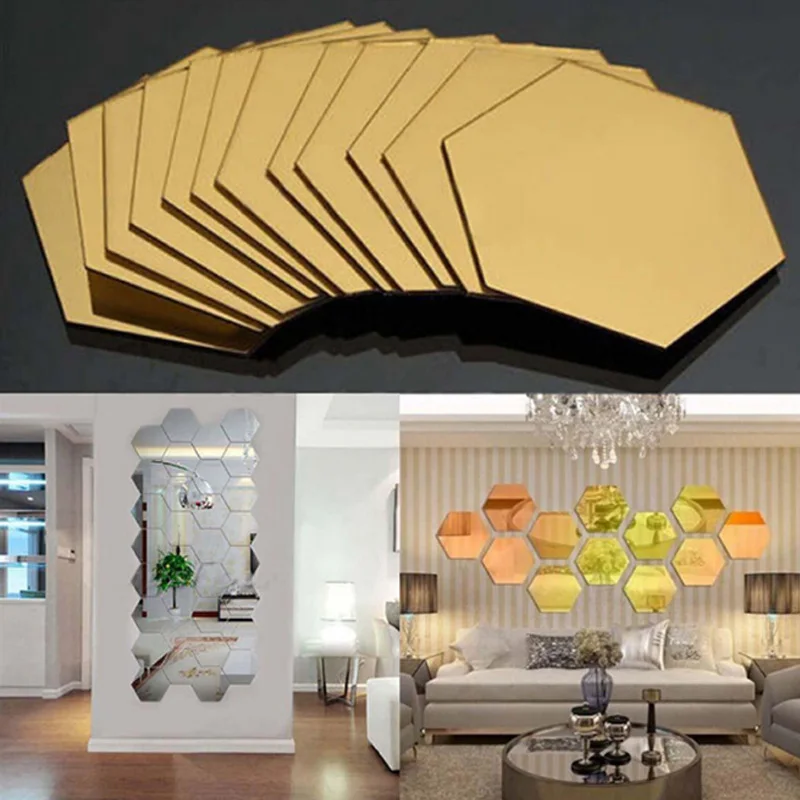 12pcs Hexagon Cellular Acrylic Mirror Wall Stickers Diy Art Decor Home Living Room Mirrored Decorative Sticker | Дом и сад