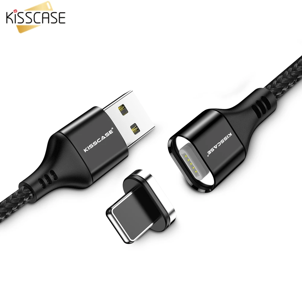 Магнитный кабель KISSCASE 1 м для Apple iPhone X 7 8 6 Xr Xs Max USB C type C кабель samsung S10 S10 Lite Micro USB магнитное зарядное устройство - Цвет: Black