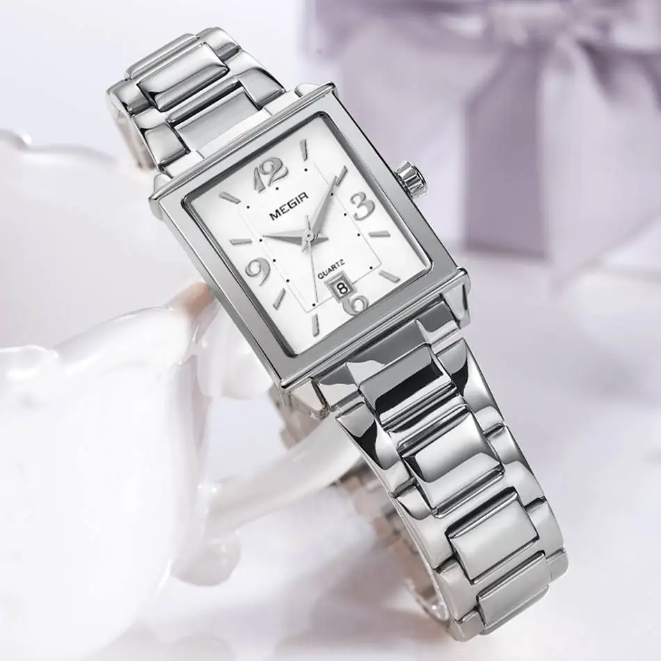 MEGIR Women Watches Elegant Brand Famous Luxury Rectangle Quartz Stainless Steel Strap Waterproof Clock Relogio Feminino | Наручные часы