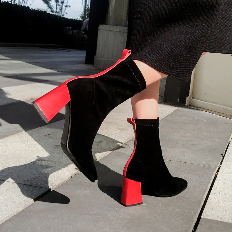 INS/популярные женские флокированные ботильоны обувь из эластичной ткани женская