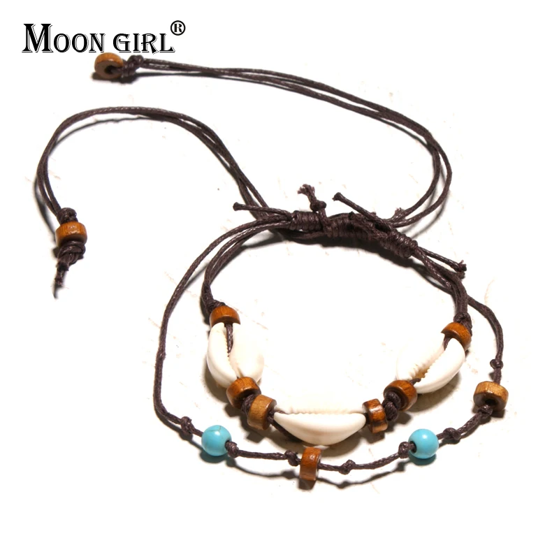 MOON GIRL, каури, кожа, Puka Shell, винтажные браслеты на ногу для женщин, деревянный бисер, Йога, талисманы на ногу, ювелирные изделия для девочек, Прямая поставка