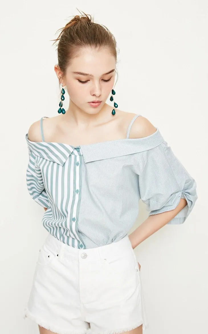 Vero Moda Новая женская полоса сращивания Turn-Down Воротник 3/4 рукава блузка рубашка | 318331549