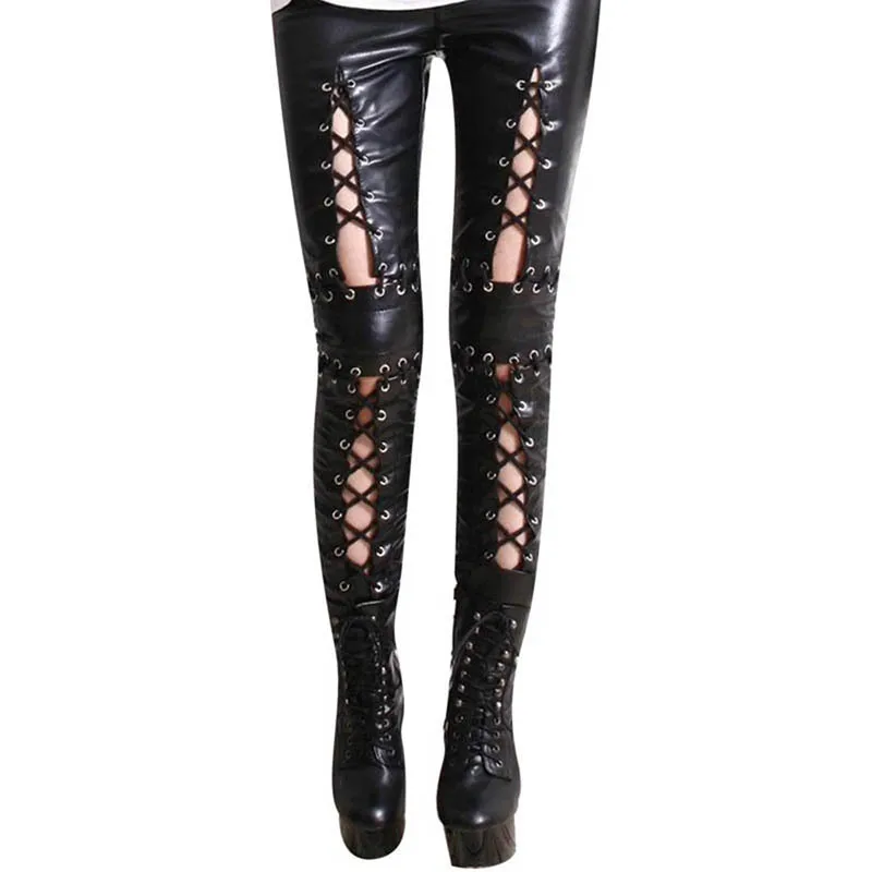 XB3 S-2XL 2018 New Women Faux Leather Bandage Trousers Plus Size Female Skinny PU Femme Pantalon Pant Punk Rock Pencil Pants |