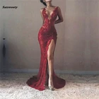Женское вечернее платье-русалка, элегантное красное платье с V-образным вырезом и блестками, большие размеры, весна-лето 2022