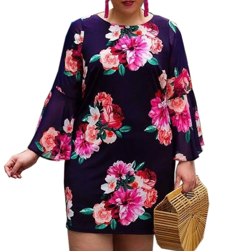 Женское повседневное шифоновое платье 5XL 6XL с круглым вырезом длинным рукавом и