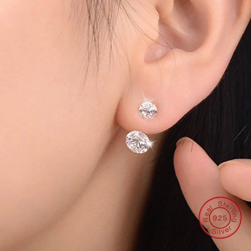 925 Sterling Silver Double Sided AAA Cubic Zirconia Earrings Studs Jewelry for Women (E27-1) | Украшения и аксессуары