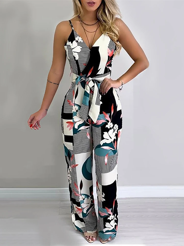 Women Summer Elegant V-Neck Sleeveless Open Back Brief Casual Jumpsuit Spaghetti Strap Mixed Print Wide Leg | Женская одежда
