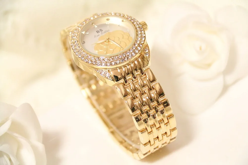 Часы BS брендовые Роскошные модные с бриллиантами кварцевые золотые женские