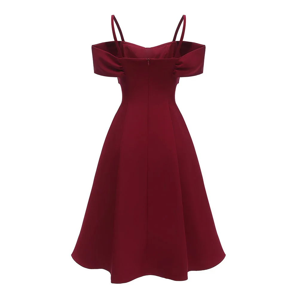 Бордовое коктейльное платье Dressv недорогое модное с открытыми плечами и