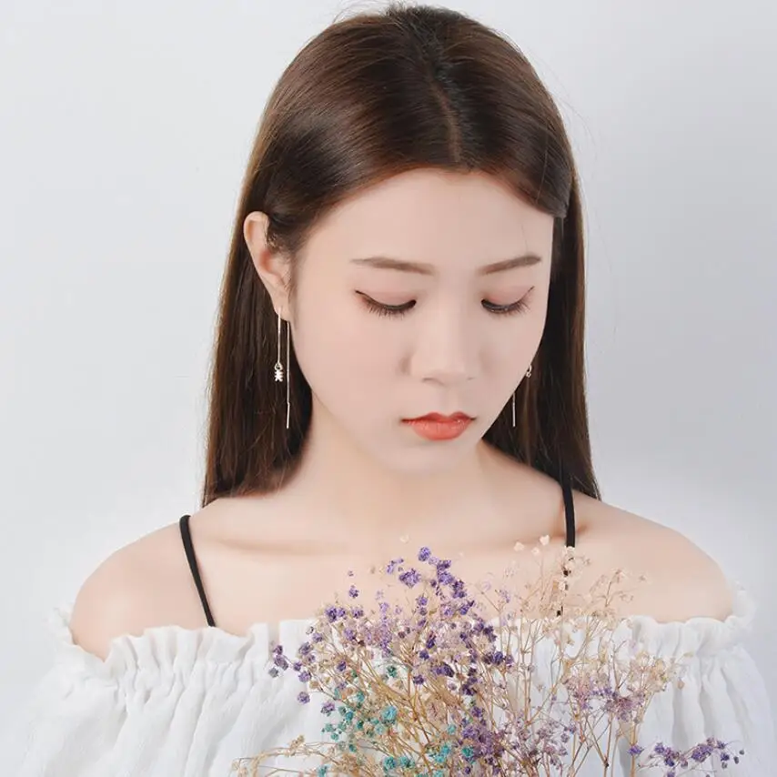 

New Cute Cat Fish Hollow Asymmetry Ear Line Long Earrings For Women 925 Sterling Silver Pendientes Jewelry Gift Brincos SAE44