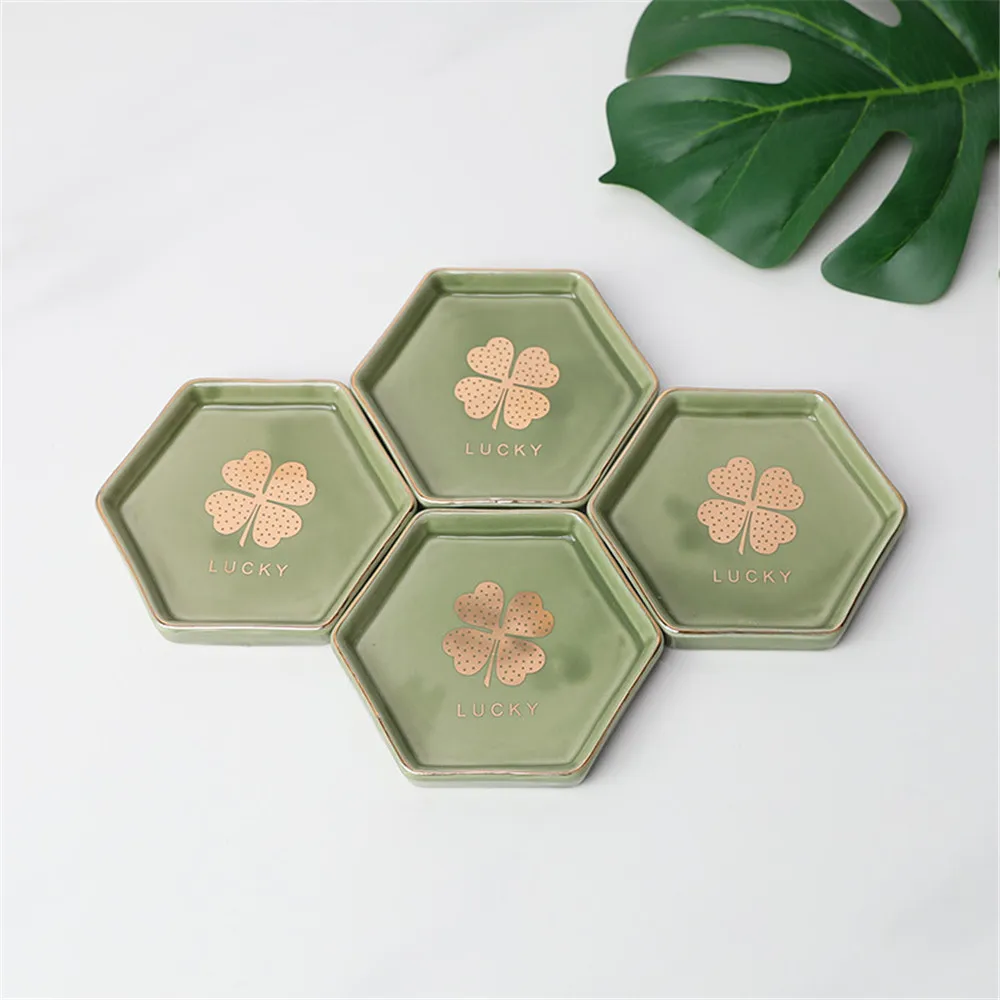 Nordic Green Ceramic Plate Chic Hexagon Jewelry Tray Lucky Four-leaf Clover Storage Handmade Golden Rim Dish | Дом и сад